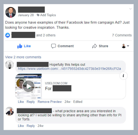 Screenshot from Let's Talk Legal Marketing Facebook Group