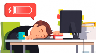 cartoon lawyer asleep at desk with low battery icon