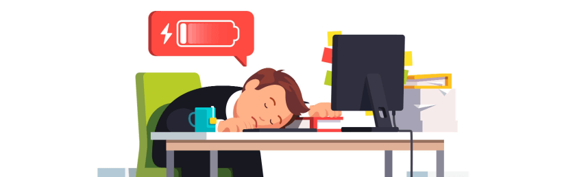 cartoon lawyer asleep at desk with low battery icon