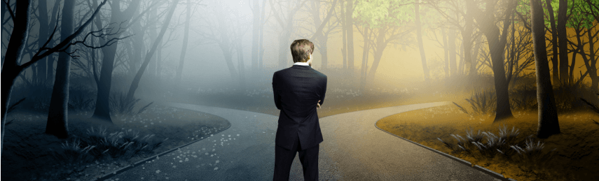 lawyer choosing between to paths in a forked road